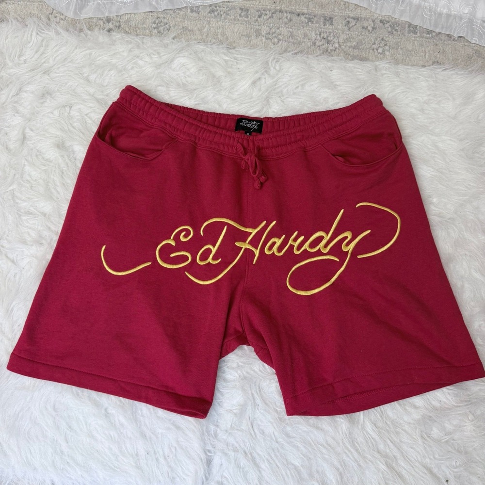 Ed Hardy Mens Red Embroidered Logo Sweat Shorts Y2K Streetwear XL EHMR8100-16 - Picture 1 of 5